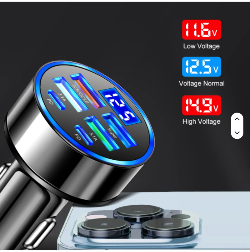 100W 6-in-1 Multi-Port Car Charger – Super Fast Charging with Digital Display for Mobile Phones & Devices - Image 2